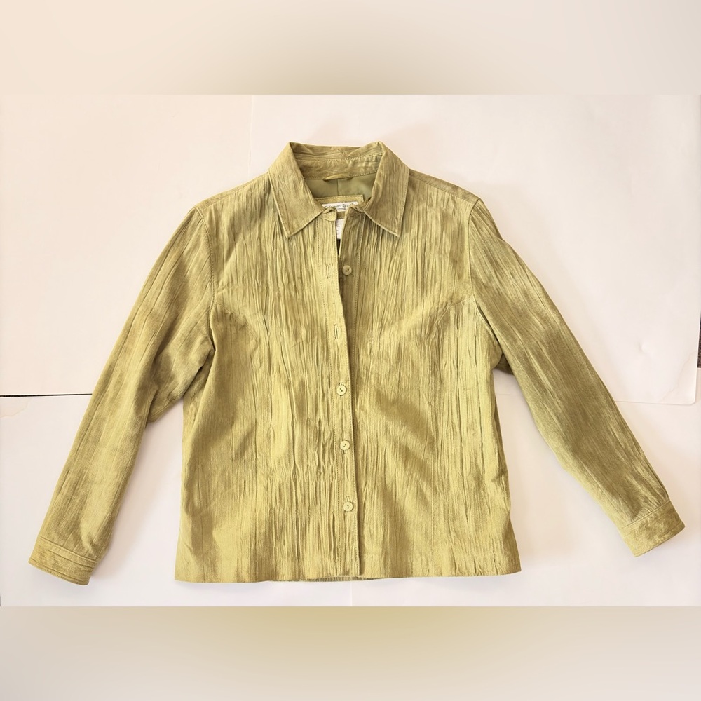 Coldwater Creek Light Olive leather Button-Front Textured Shirt Jacket